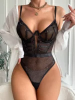 Dessous Sexy Body Spitze Ein tlg. Tops Sexy Durchsichtig Bodys Ouvert Nacht Club Outfit Bodycon Mesh Strumpfhosen – Bild 4