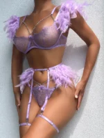 Feder Dessous Sexy Unterwäsche Frauen Body Transparent BH Metall Kette Spitze Exotische 3-Teilig Luxus Intime – Bild 3