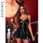 Ellolace Halloween Latex Fetisch Kleid Bunny Sexy Kostüm Pornografische Dessous Nachtclub Porno Cosplay PVC Kurze Kleider und Ohren