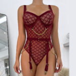 Sinnliche Dessous: Plaid Body mit offener Ouvert Teddy Bär und Kette | Erotische Spitze, Sexy Strumpfhosen | Damen – Bild 3