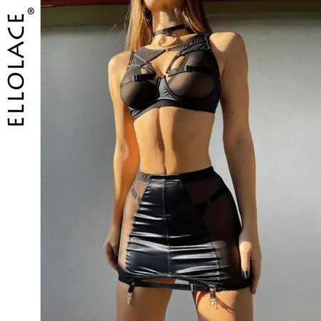Rot Dessous 5-tlg.e Phantasie Unterwäsche Sexy Frauen Uncensored Transparent BH Strumpfbänder Slip Sets Bandage Outfits