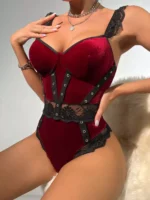 Samt Body Spitze Patchwork Luxus frauen Body Einteiliges Ouvert Teddy Fitness Rüschen Sexy Sissy Winter Tops – Bild 2