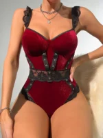 Samt Body Spitze Patchwork Luxus frauen Body Einteiliges Ouvert Teddy Fitness Rüschen Sexy Sissy Winter Tops – Bild 3
