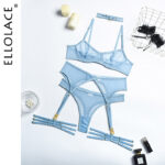 Set Frau 4 tlg. Sexy Erotische Dessous Unterwäsche BH Strumpfbänder Kurze Sets Transparente Spitze Nahtlose Blau Damen – Bild 5