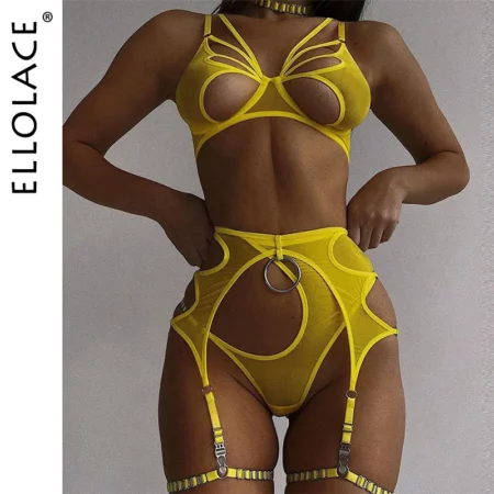 Sexy Dessous Ausschnitt BH Erotische Kurze Sets 4-tlg. Sinnliche Phantasie Unterwäsche Strumpfbänder G-Strings Strings spitze Exotische Set