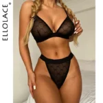 Ellolace Sexy Dessous Set Frau 2 Stück Mesh Bh und Thongs Schwarz Kurze Sets frauen Unterwäsche Wireless Dessous Sexy