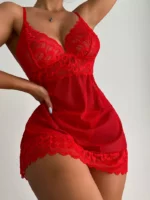 Sexy Nachtwäsche Tiefem-V Nacht Kleid Frauen Schlafen Nachthemd Rot Spitze Negligés Dessous Ärmellose Mini Kleid Homewear – Bild 4
