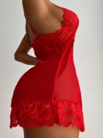 Sexy Nachtwäsche Tiefem-V Nacht Kleid Frauen Schlafen Nachthemd Rot Spitze Negligés Dessous Ärmellose Mini Kleid Homewear – Bild 6