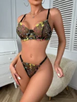 2-tlg. Spitze BH Set Frauen Floral Stickerei Unterwäsche Set Transparent Khaki Panty Set – Bild 6