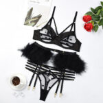 3-tlg. Dot Federn Patchwork Dessous Set - Erotische Gothic Unterwäsche für Frauen – Bild 6