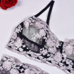 Dessous Set Frauen Schwarz BH Kleid Tanga Stickerei Blumen Spitze – Bild 6