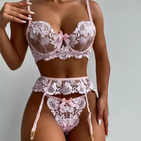 3-tlg. Stickerei Spitze BH Set Frauen Bogen BH Bügel + Panty Unterwäsche Set Damen 2 Farben Sexy dessous Set
