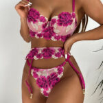 3-tlg. Stickerei Spitze BH Set Frauen Floral BH Bügel + Tanga Unterwäsche Set Sexy Dessous Set – Bild 2