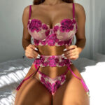 3-tlg. Stickerei Spitze BH Set Frauen Floral BH Bügel + Tanga Unterwäsche Set Sexy Dessous Set – Bild 3