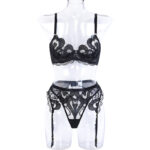 3-teiliges Spitzen-BH-Set hallow out Herz muster sexy Dessous-Set Damen schwarz Höschen Unterwäsche Set – Bild 6