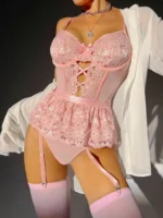 Sexy Bodysuit Frauen - Spitze Rückenfrei, Rosa, mit Spaghetti-Trägern - Clubwear inklusive Strümpfe – Bild 3