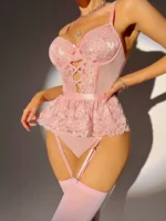 Sexy Bodysuit Frauen - Spitze Rückenfrei, Rosa, mit Spaghetti-Trägern - Clubwear inklusive Strümpfe – Bild 4