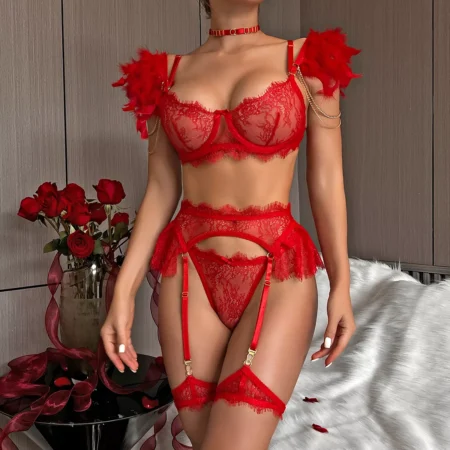 Weitere Luxus Sexy Dessous Set Frauen 4-stück Halsband Off Schulter Spitze Erotische Set Garter Kurze Kit
