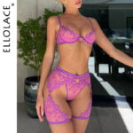 Dessous Phantasie Weibliche Unterwäsche Stickerei 3-tlg. Luxus Spitze BH Und Panty Sexy Strumpfbänder Transparent Exotische Sets