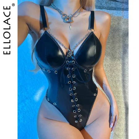 Gothic Latex Body mit Schnürung und Kette - Schwarzes Bodycon Top aus Silikon für Nachtclub-Outfits