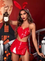 Latex Dessous Neon Rosa Unterwäsche Frauen 4-tlg. Bunny Sexy PVC Frech Outfit Nachtclub Erotische Kostüme – Bild 2