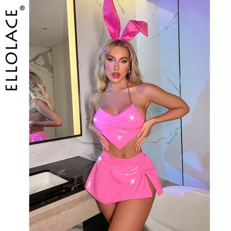 Latex Dessous Neon Rosa Unterwäsche Frauen 4-tlg. Bunny Sexy PVC Frech Outfit Nachtclub Erotische Kostüme