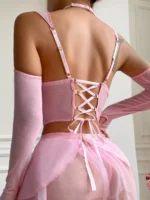 Licht Rosa Spitze Dessous Gril Sexy Rüschen Unterwäsche Halter Intime Outfits Mit Langarm Bilizna In Erotische Set – Bild 4