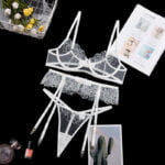Floral Embroidery Dessous Set | Spitze Transparent BH Tanga Strapse | Weiß – Bild 5