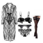 Frauen Sexy Spitze Halbe Cup Dessous set Robe + BH + Höschen + Strumpfbänder + Strümpfe + Tanga 6 pcs – Bild 4
