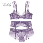 Frauen ultra dünn gesammelt plus Größe Bowknot Blumen Unterwäsche Spitze Riemen BH + Höschen + garte 3 teile/los – Bild 6