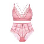 Sexy Frauen Draht Kostenlose Floral Spitze -Dünne Atmungsaktive BH + High-Rise Panty 2 Pcs Unterwäsche set – Bild 2