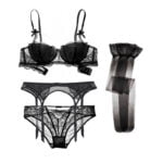 Sexy Spitze Push-Up Unterwäsche Set Halbe Cup BH + Höschen + Strumpfband + Strümpfe 4 Pcs Für Frauen – Bild 6