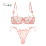 Sexy Spitze Transparent Halbe Cup plus größe Unterwäsche Set Bowknot BH + Komfortable Spitze Tanga Damen BH Set