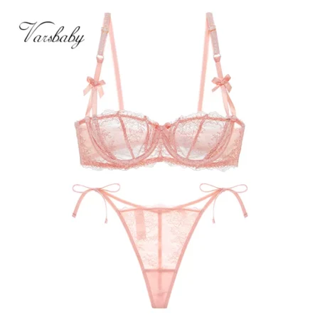 Sexy Spitze Transparent Halbe Cup plus größe Unterwäsche Set Bowknot BH + Komfortable Spitze Tanga Damen BH Set