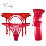 frauen Sexy Rot Und Schwarz Spitze Bogen Unterwäsche 3 Teile/Sete Strumpfbänder + Thongs + Strümpfe Für Dame