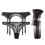 frauen Sexy Rot Und Schwarz Spitze Bogen Unterwäsche 3 Teile/Sete Strumpfbänder + Thongs + Strümpfe Für Dame – Bild 3