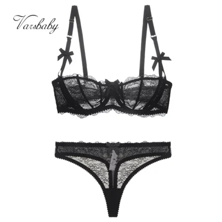 Sexy Damen BH & Slip Set | Spitze | Halbschale | Rückenverschluss | Festes Muster