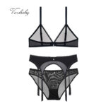 sexy garn transparent tiefen V bügellosedessous nahtlose komfortable bh + panty + strumpfband 3 stücke bh set – Bild 2