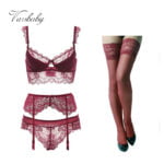 Sexy Dessous Set mit Spitze - BH + Höschen + Strapse + Strümpfe – Bild 2