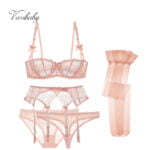 sexy spitze floral halbe Cup bh + strumpfband + höschen + tanga + strümpfe plus größe unterwäsche rosa bh set 5 teile/los