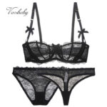 sexy ungefüttert unterwäsche set halbe Cup transparent 3 stücke bhs + höschen + thongs plus größe bh set für frauen