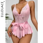 Ellolace Sexy Hot Deep-V Bodysuit One Piece Tight Fitting Top Solid Lace Backless Body Ruffle Bowknot Sissy Fantasy Teddy