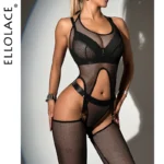 Ellolace Erotic Lingerie Fishnet Transparent Underwear With Stocking 4-Piece Bra Kit Push Up Seamless Bilizna Set Sexy Intimate