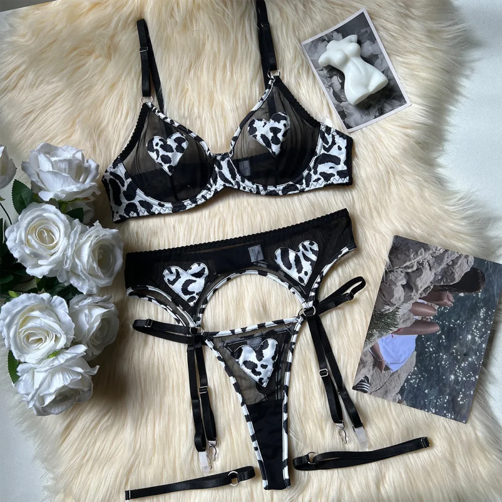 Damen Dessous Set 5 teilig Leopard Muster Tüll Spitze Herz Details BH Slip Strapsgürtel Strumpfbänder ungefüttert Bügel Gr S M L Polyester für Valentinstag Geschenk – Bild 6