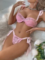 Sexy Spitzen-Dessous Set Damen zartrosa – Push-Up Balconette BH & String Slip mit Satinbändern, verführerisches Lingerie Set für romantische Nächte – Bild 5