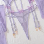 Dessous Set Damen schwarz transparent Schmetterlingsspitze ohne Bügel elastisch Polyester mit Strapsen G-String und Strümpfen erotische Unterwäsche Erwachsene – Bild 6