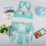 Sexy Floral Dessous Set Strumpfgürtel BH mit Hosenträger Erotik Unterwäsche – Bild 6