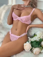 Sexy Spitzen Dessous Set Damen 2-teilig – Bügel-BH & String Tanga in Rosa – Transparente Unterwäsche, Elegante Lingerie, Verführerisches Unterwäsche Set – Bild 5