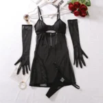 Transparentes Minikleid schwarz mit Handschuhen figurbetont Sommer Damen – Bild 7