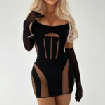 Transparentes Minikleid schwarz mit Handschuhen figurbetont Sommer Damen
